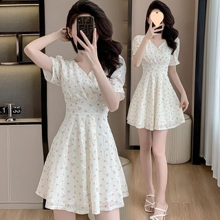 Váy hoa ôm eo tôn dáng thanh lịch và tươi mới dành cho nữ, phong cách mùa hè mới với cổ áo Pháp nhẹ nhàng