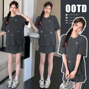 Bộ đồ bà bầu Áo thun cổ tròn + Váy Bộ đồ hai mảnh