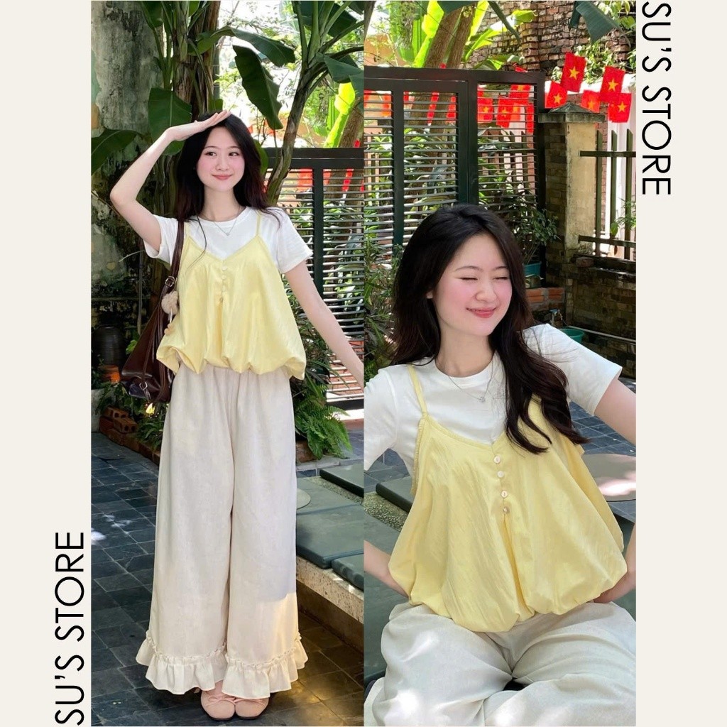 Set Yếm Nữ 2 Dây Dáng Bí Cúc Dọc Kèm Áo Thun Trơn (Có Bán Lẻ Yếm)  S85507 Thời Trang Nữ