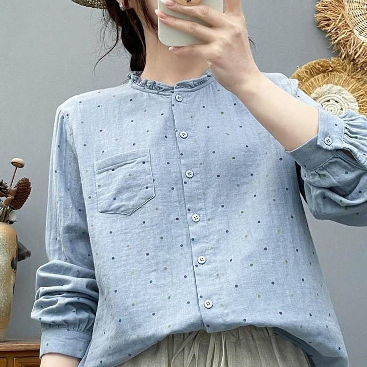 Áo sơ mi nữ 100% sợi cotton cao cấp, họa tiết chấm bi, thời trang hàng ngày