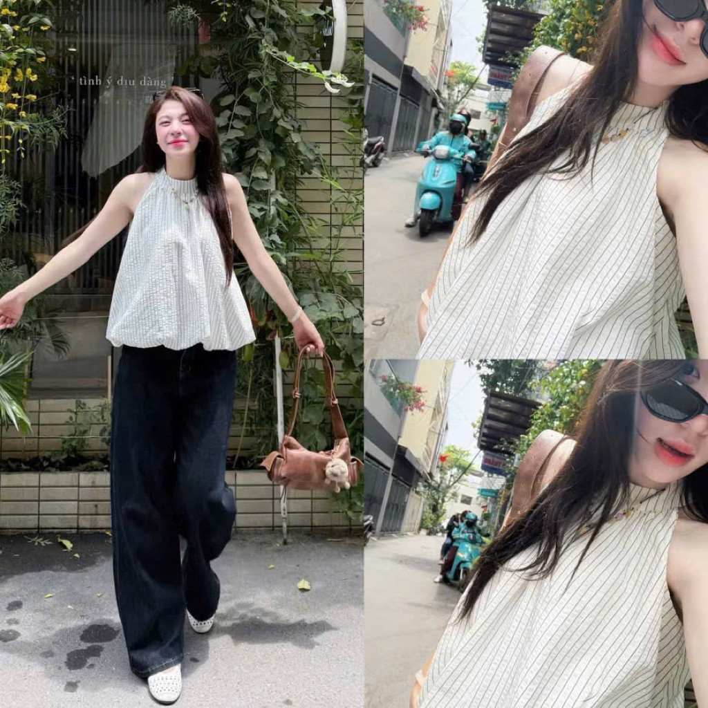 Áo Kiểu Cổ Yếm Dáng Bí Phồng Hoạ Tiết Kẻ Sọc”PURPLE top”2 màu kẻ siêu xinh-Dành Cho nữt3234