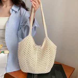 WHX [Sẵn sàng] Túi Tote rơm rỗng Túi dệt sợi Cotton thông thường Túi đeo vai bãi biển đa chức năng Túi dệt rỗng kỳ nghỉ sức chứa lớn