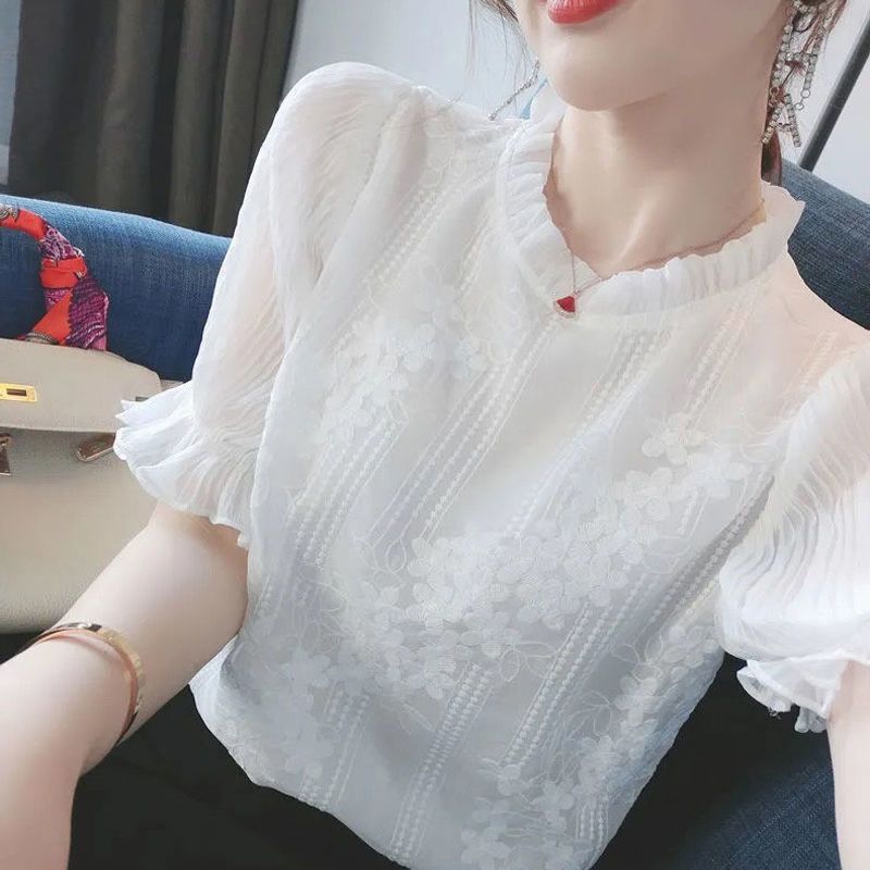 M-3XL Áo sơ mi tay dài văn phòng chắc chắn trắng thời trang ren cao cấp