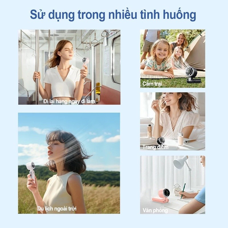 Quạt Cầm Tay Tích Điện Gió Mạnh Turbo Công Suất 5Cấp Độ Gió Kèm Dây Đeo Cổ Màn hình LED hiển thị pin