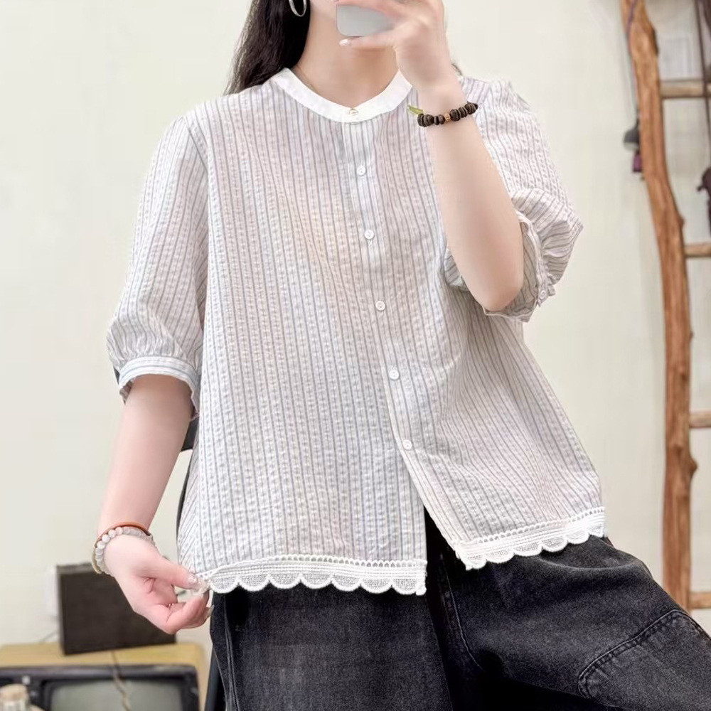 [Hàng có sẵn] Áo sơ mi nữ 100% cotton chất lượng cao, tay ngắn, phù hợp mùa hè với chi tiết sọc và xếp ly nhấn nhá.