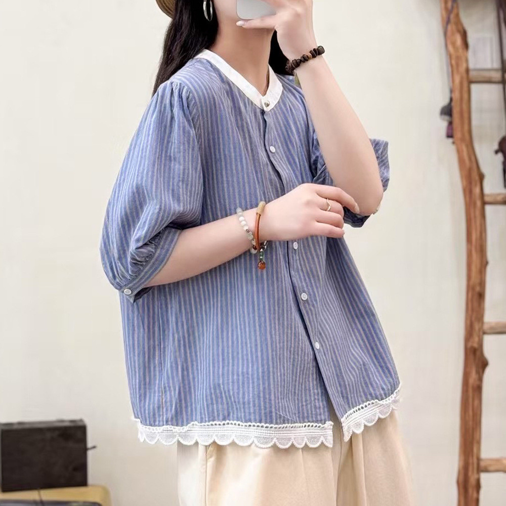 [Hàng có sẵn] Áo sơ mi nữ 100% cotton chất lượng cao, tay ngắn, phù hợp mùa hè với chi tiết sọc và xếp ly nhấn nhá.