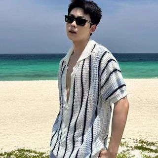 Dịch Chu Dịch Áo Len Dệt Kim Sọc Rỗng Tương Phản Cổ Điển
