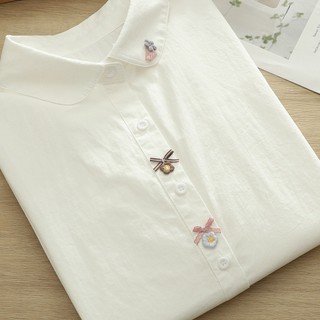 <![Sẵn Sàng] Áo sơ mi nữ 100% sợi cotton cao cấp, thiết kế hoa văn thêu nơ tinh tế, phù hợp mùa xuân 2026