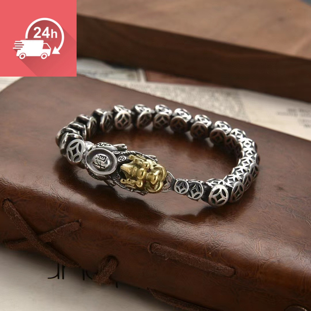 Vòng tay nam retro mạ bạc với thiết kế đồng xu Pixiu cá tính, kiểu dáng cổ điển của bạc Thái Lan