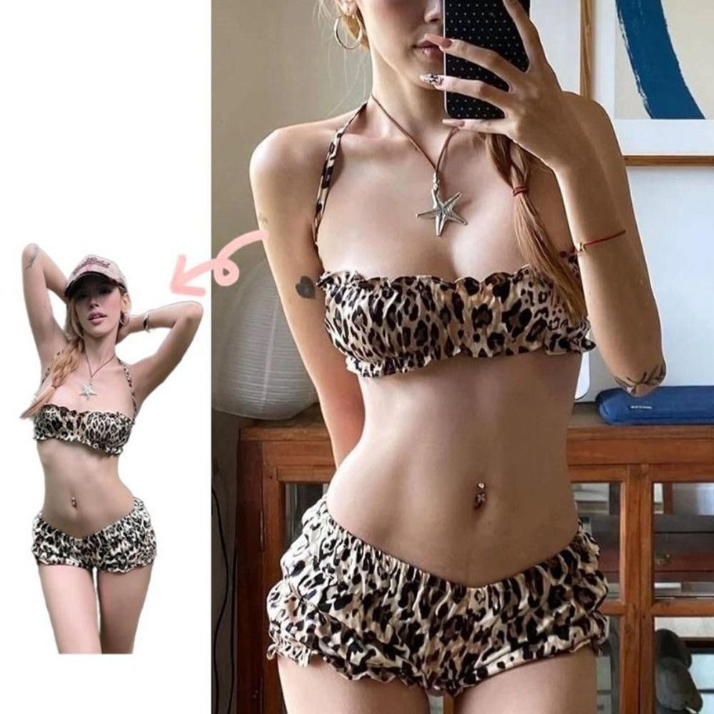 Đồ bơi nữ CQCJ - Bikini cổ điển in họa tiết da báo, bộ 2 món có đệm cổ, phù hợp cho bãi biển và nghỉ dưỡng