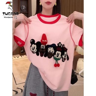 Mickey Áo Thun Tay Ngắn Thêu Họa Tiết Hoạt Hình Phong Cách Công Nghiệp Nặng