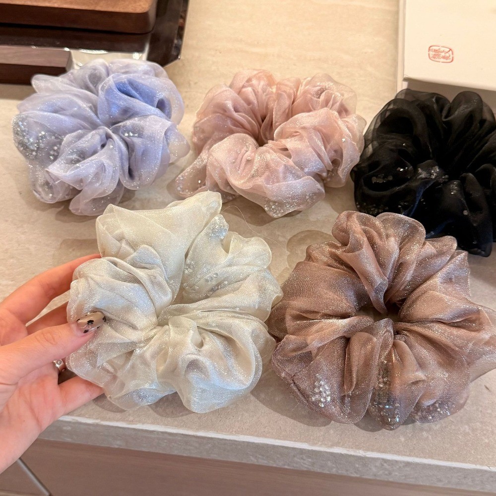 Dây buộc tóc lưới hai lớp phong cách mới, gắn kim cương giả cao cấp organza