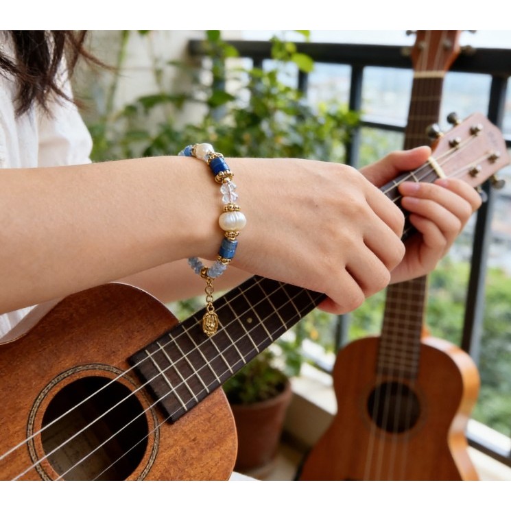 Vòng cổ nữ handmade ngọc trai ngọt nước, hạt vàng biển xanh, thiết kế vintage thanh lịch