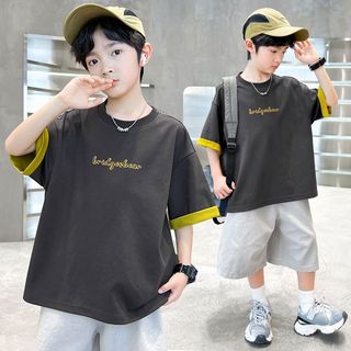 Áo thun giả hai lớp cho bé trai – Cotton form rộng phong cách street, tay ngắn cá tính mùa hè