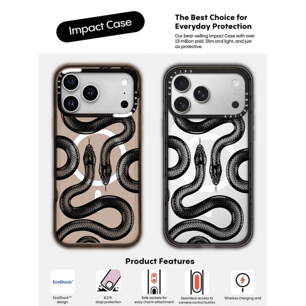 CASECASE X Black python Case Black Edge & Brown Clear Hard Từ Hút Tác Động Dành Cho Apple IPhone 12 13 14 15 16 17 Pro Max Air Plus