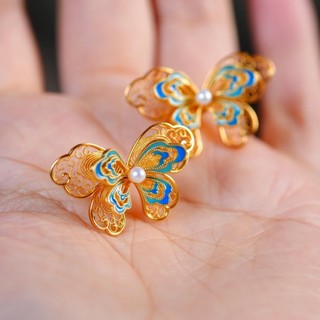 Bông tai retro xanh men hoa lụa bướm, phong cách sang trọng dành cho nữ