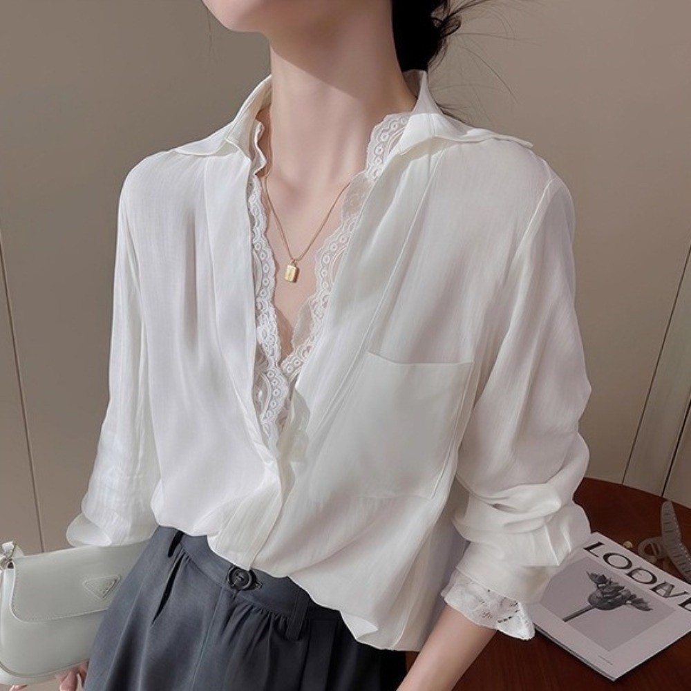Áo ren hai mảnh giả màu xám, Áo sơ mi nữ đơn giản ren, Áo sơ mi dài tay màu trắng dáng rộng thời trang nữ