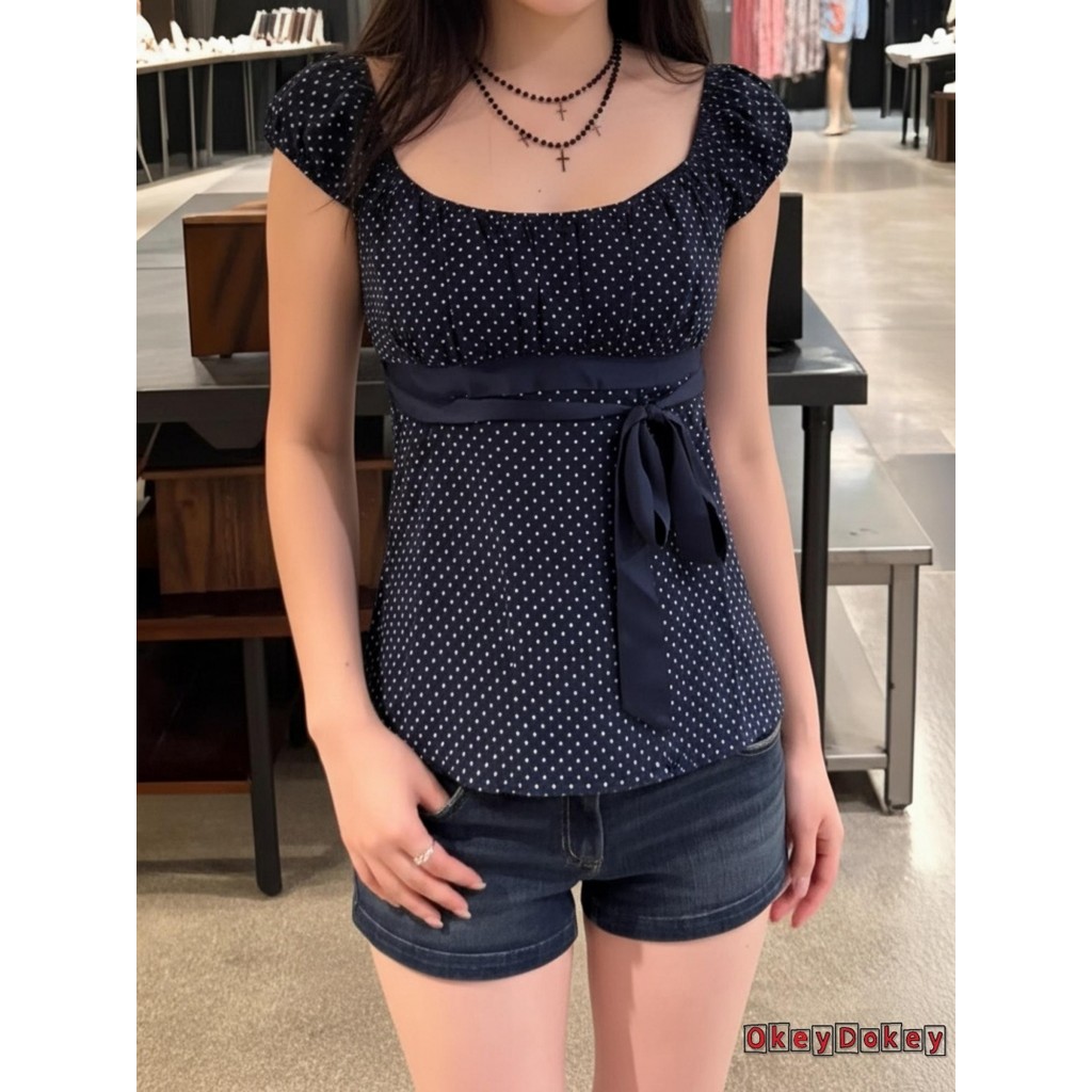 ÁoSlimFit nữ thun cổ vuông ngắn tay in chấm bi thời trang, phù hợp mặc mỗi ngày