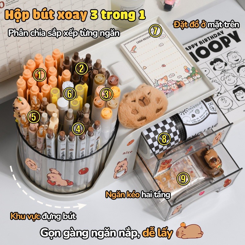 Hộp đựng bút để bàn Capybara cute, nhiều ngăn, xoay 360 độ, dùng làm kệ đựng mỹ phẩm tiện lợi