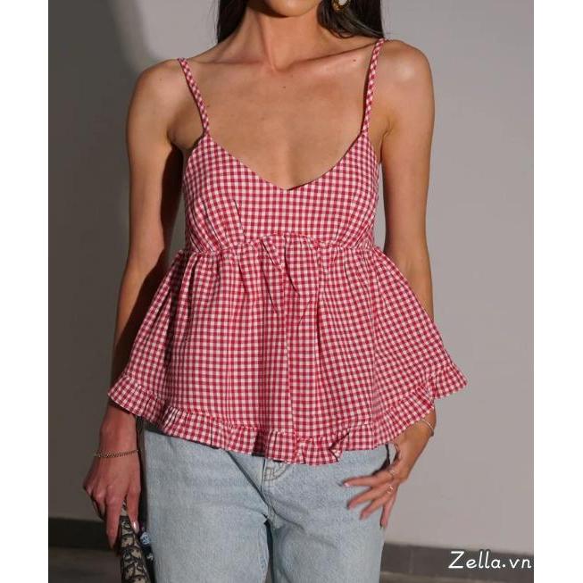 Nữ Babydoll Tank Top Kẻ Sọc Phong Cách Xù Viền Rời, Phù Hợp Mùa Hè