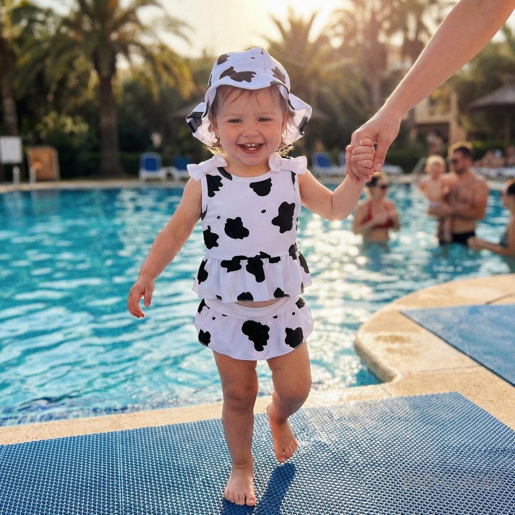Bộ Đồ Bơi Cho Bé Gái Tập Đi In Hình Không Tay Xù Áo Bơi Quần Có Mũ Chống Nắng 3 Bộ Đồ Tắm Trang Phục