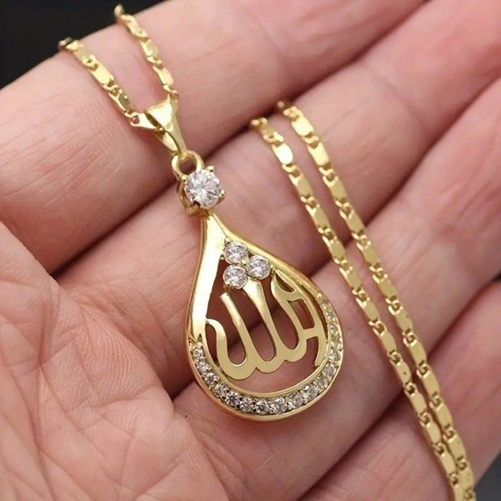 Vòng cổ mặt dây chuyền DELMER Allah, Mặt dây chuyền hình giọt pha lê Vòng cổ Hồi giáo, Dây chuyền thép không gỉ hàng ngày Mặt dây chuyền tròn Đức tin Vòng cổ Kinh Qur 'an Eid al-Fitr