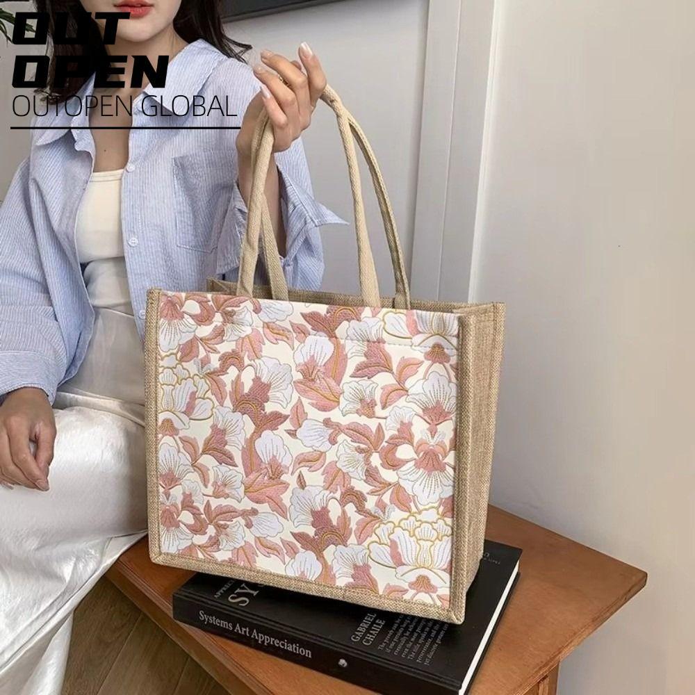 Túi tote vải lanh OUTOPEN, Túi tote hoa thêu di động tay cầm trên tay, Túi xách nữ nhẹ dung tích lớn thời trang Văn phòng hàng ngày