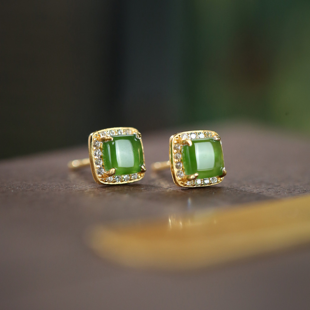 Bông tai ngọc Hetian thời trang bằng bạc S925