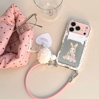 Gương Hoạt Hình Dễ Thương Thỏ Khe Cắm Thẻ Túi Hoa Hồng Da Wrsit Dây Đeo Ốp Lưng Điện Thoại Cho iPhone 17Promax 17Pro 15 16 Pro Max Chống Sốc Nữ Vỏ Di Động