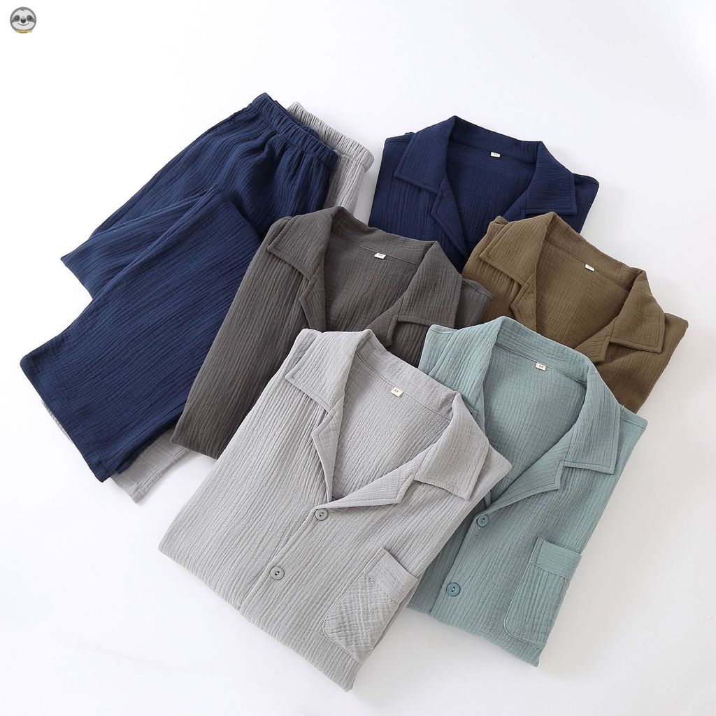 Phong Cách Nhật Bản Phong Cách Đơn Giản Nam Đơn Sắc Sợi Hai Lớp Cotton Nguyên Chất Quần Dài Tay Bộ Đồ Ngủ / Sợi Cotton Hai Lớp Cardigan Màu Trơn Xuân Thu Loungewear