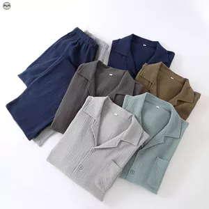 Phong Cách Nhật Bản Phong Cách Đơn Giản Nam Đơn Sắc Sợi Hai Lớp Cotton Nguyên Chất Quần Dài Tay Bộ Đồ Ngủ / Sợi Cotton Hai Lớp Cardigan Màu Trơn Xuân Thu Loungewear