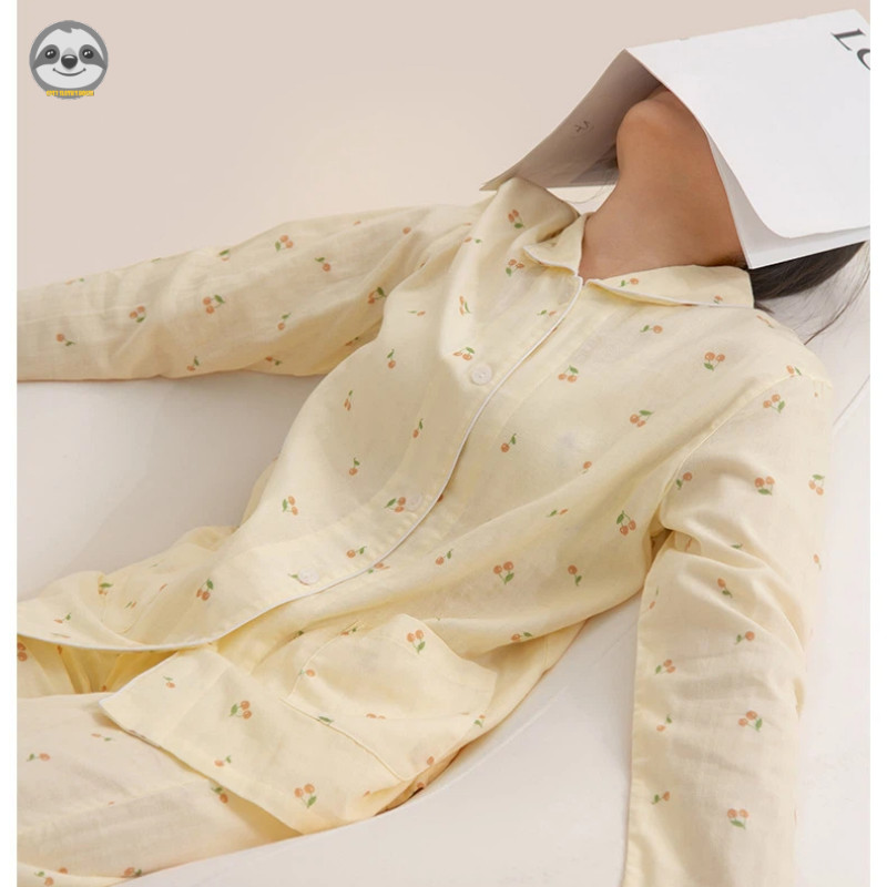 Quần dài tay anh đào cotton nguyên chất dành cho nữ Đồ ngủ / Gạc cotton hai lớp Mặc cha mẹ và con cái / Thoải mái mềm mại có thể mặc Bộ đồ ngủ bên ngoài / Mồ hôi thoáng khí chất lượng cao @