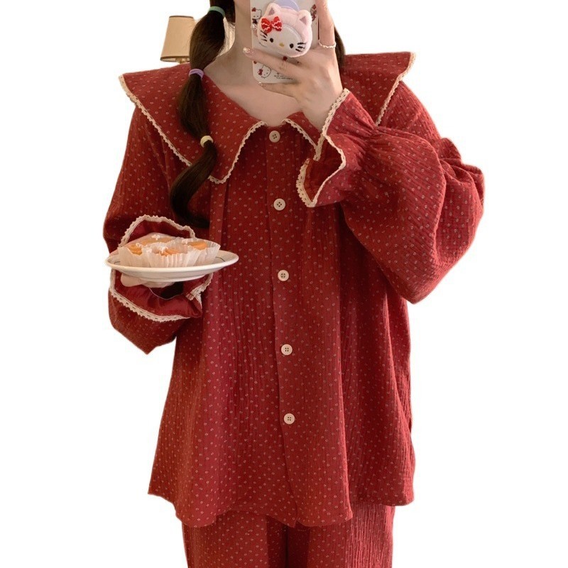 Phong Cách Hàn Quốc Đỏ Nhỏ Hoa Dài Tay Quần Bộ Đồ Ngủ Nữ Xuân Thu Đông Rời Ren Loungewear Phù Hợp Với