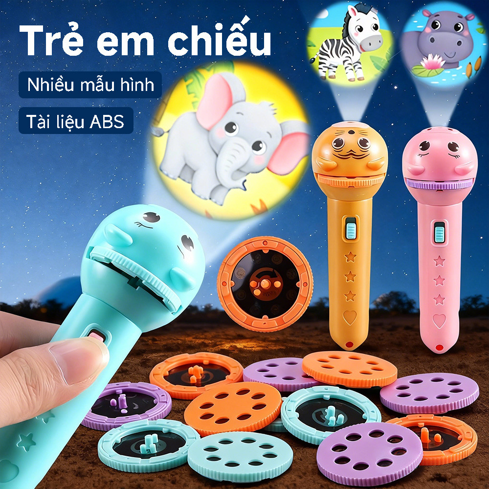 Đồ chơi đèn pin chiếu mini với 5 slide, 40 hình chiếu, chất liệu ABS, dễ sử dụng, giúp học tập sáng tạo.