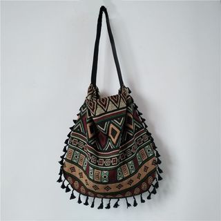 Túi Dung Tích Lớn Túi Đeo Vai Nữ Vải Jacquard Túi Lớn Phong Cách Dân Tộc Bohemian Túi Tua Rua