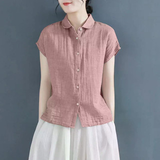 Áo sơ mi nữ dáng rộng, ngắn tay, chất liệu vải lanh cotton