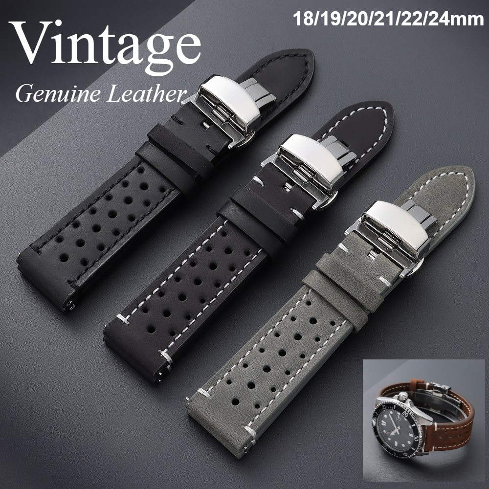 Khóa Bướm - Phát Hành Nhanh Da Bò Vintage Da Thật Chính Hãng Dây Đeo Đồng Hồ 18 / 19 / 20 / 21 / 22 / 24mm Vòng Tay Đồng Hồ Dành Cho Nam Nữ Da Porous Racing Rally Watchbands