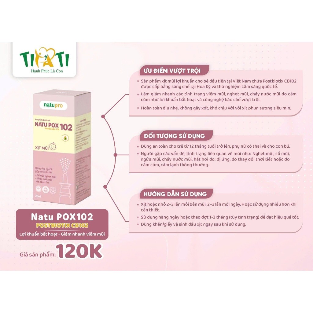 NatuPro Xịt Mũi NatuPox 20ml Có Lợi Khuẩn CB102 Giảm Nghẹt, Viêm Mũi, Chảy Nước, Mũi Phun Sương Dịu Nhẹ Không Xót Cho Bé