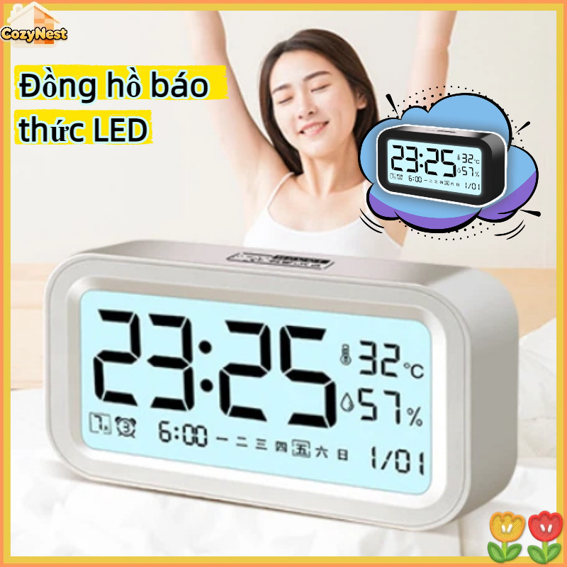 Đồng hồ báo thức LED màn hình lớn đo nhiệt độ độ ẩm - đèn ngủ điều chỉnh, pin trâu cho phòng ngủ