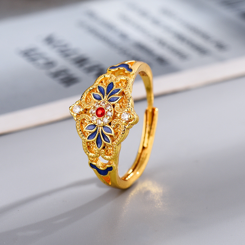 Thời trang mới cho nữ với nhẫn kiểu dáng Trung Quốc, họa tiết hoa và đá zircon sang trọng