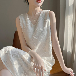 Đầm camisole cổ chữ V khoét tua rua, phong cách tối giản, chất liệu dày dặn dành cho nữ, đầm dài không tay dáng rộng