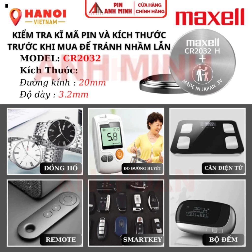 Pin CR2032 Maxell 3V Pin nút áo chất lượng cao cho smartkey, cmos, máy tính, remote.....