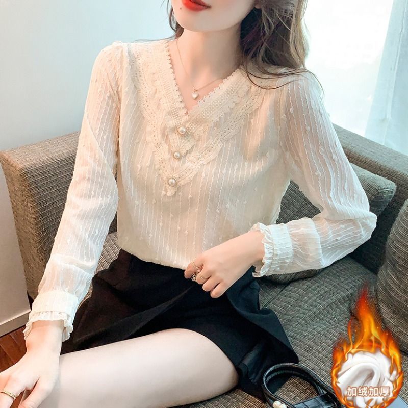 Áo sơ mi nữ lót lông cừu dày dặn, kiểu dáng mới, áo mặc trong thời trang và sành điệu, áo sơ mi ren voan thanh lịch