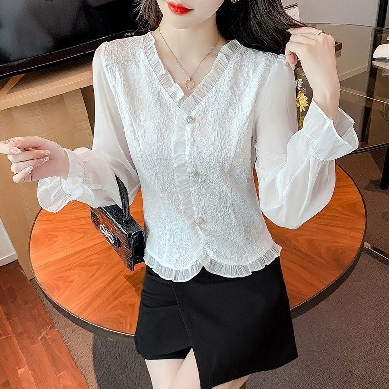 Áo sơ mi nữ tay dài, kiểu Pháp mới xuân hè với cổ áo jacquard, thiết kế thời trang, áo tay chuông bằng vải voan