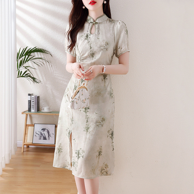 váy sườn xám kiểu mới dành cho nữ, váy xếp ly cổ đứng in họa tiết vintage,phong cách cổ điển, mẫu mới mùa xuân/hè