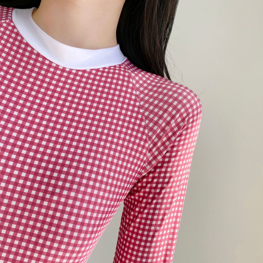 Áo tắm phong cách mới dài tay bảo thủ in hình Houndstooth One-