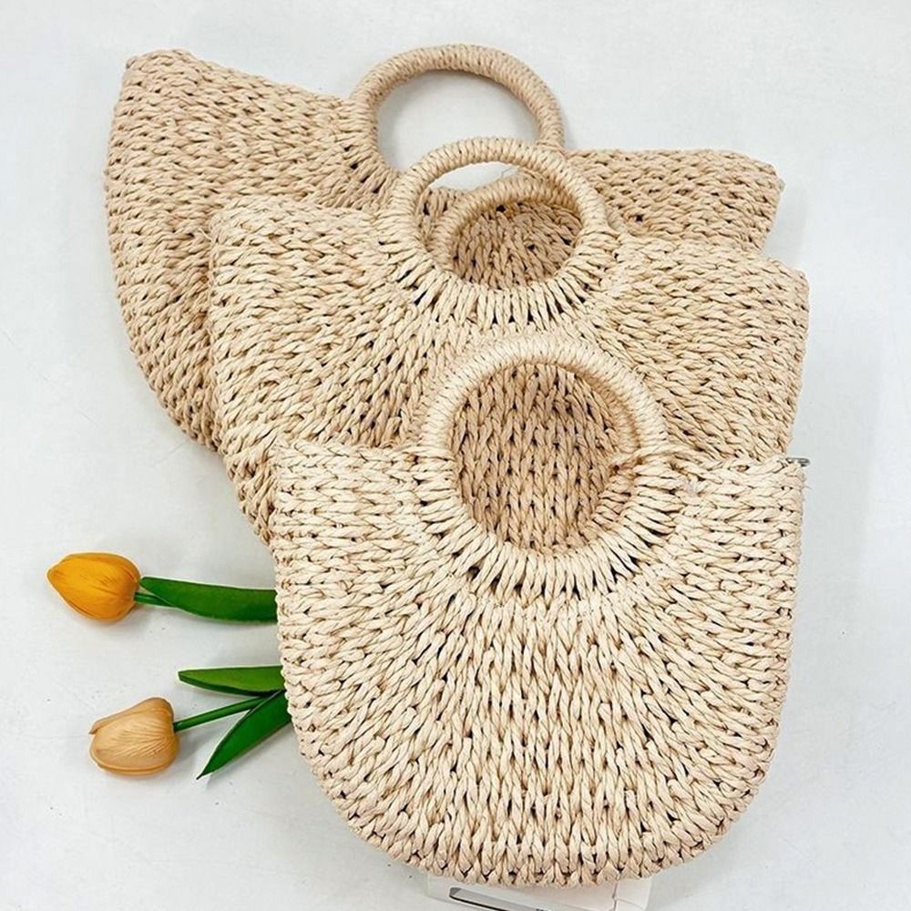 Túi cói AWNGD đi biển dệt tay rỗng, boho lớn tote, kiểu nửa mặt trăng thời trang nữ