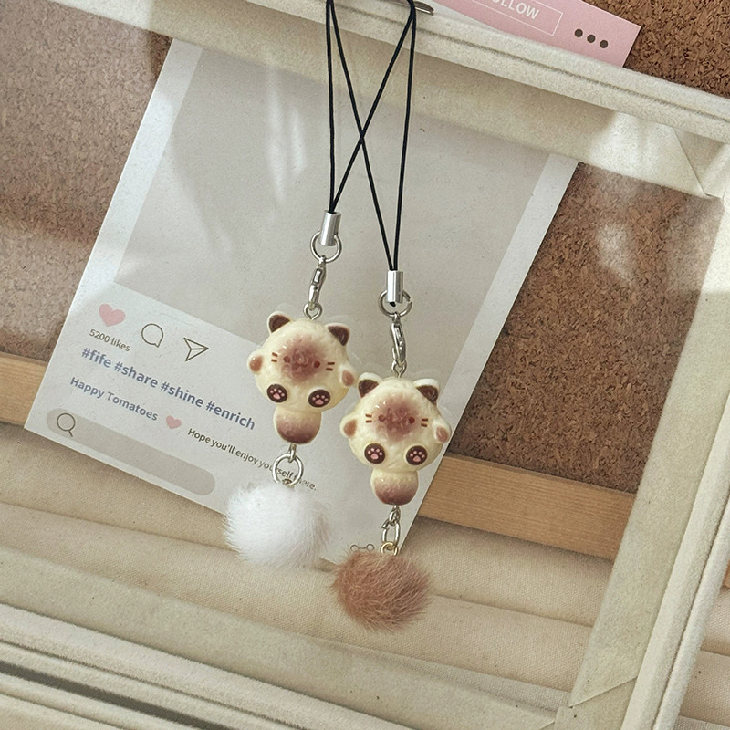 Bóng Lông Mèo Con Dễ Thương | Dây đeo điện Thoại Móc Khóa Phụ Kiện Treo Trang Trí