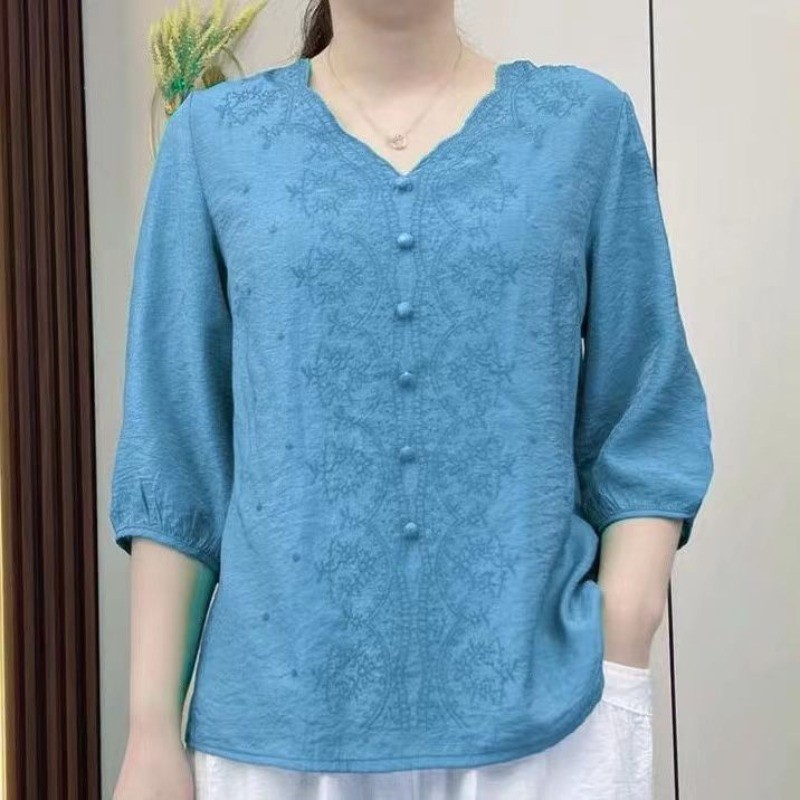 Áo sơ mi nữ phong cách Trung Quốc Retro, thêu đẹp trên cotton và vải lanh, cổ chữ V, tay rộng phù hợp mùa hè