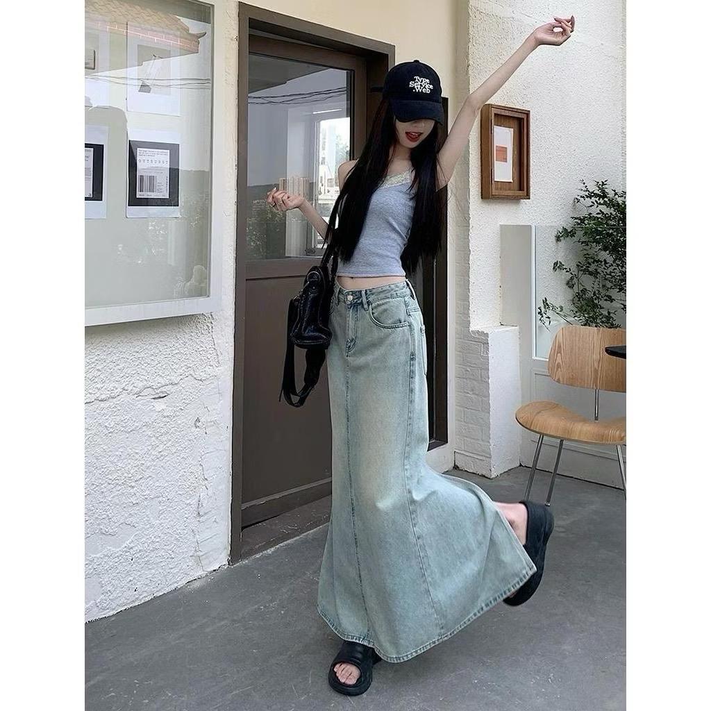 Chân Váy Jean Dáng Dài CHEZIHOUSE- BẢN ĐẸP Form Suông Đuôi Cá Xẻ Sau Dài 86cm-93cm #7915 4 màu siêu đep